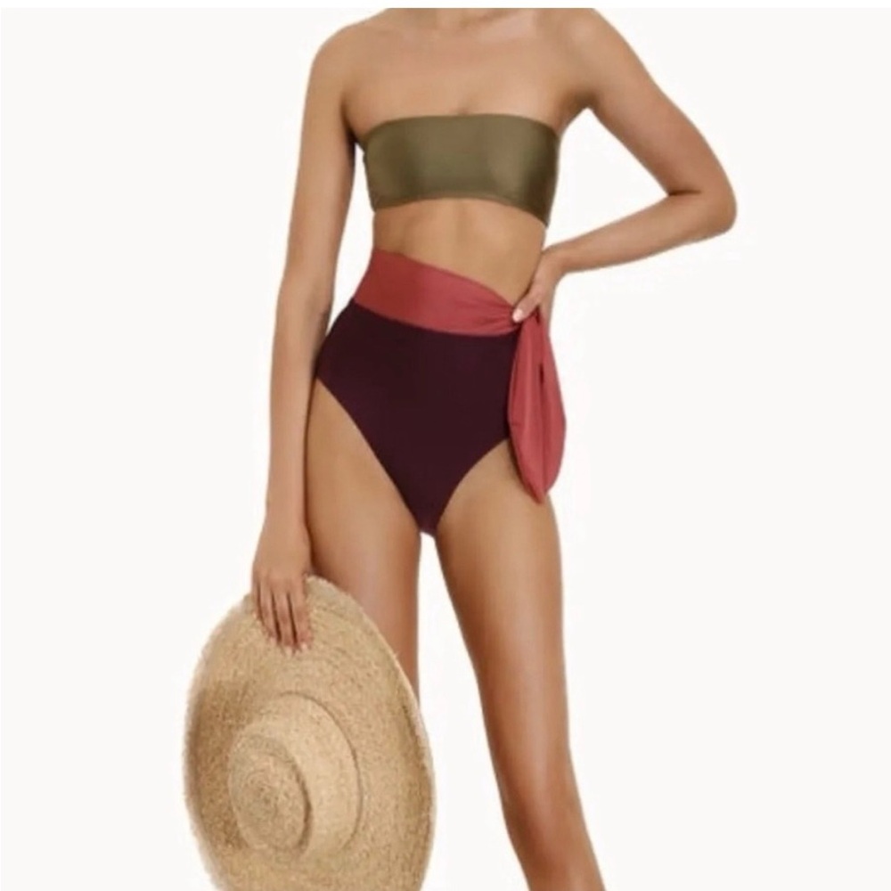 Zimmermann Olive and Burgundy Rosa Bandeau bikini set
